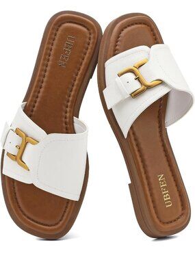 Women's White Brown Square Toe Flat Sandals Slides Dressy Comfortable for Casual